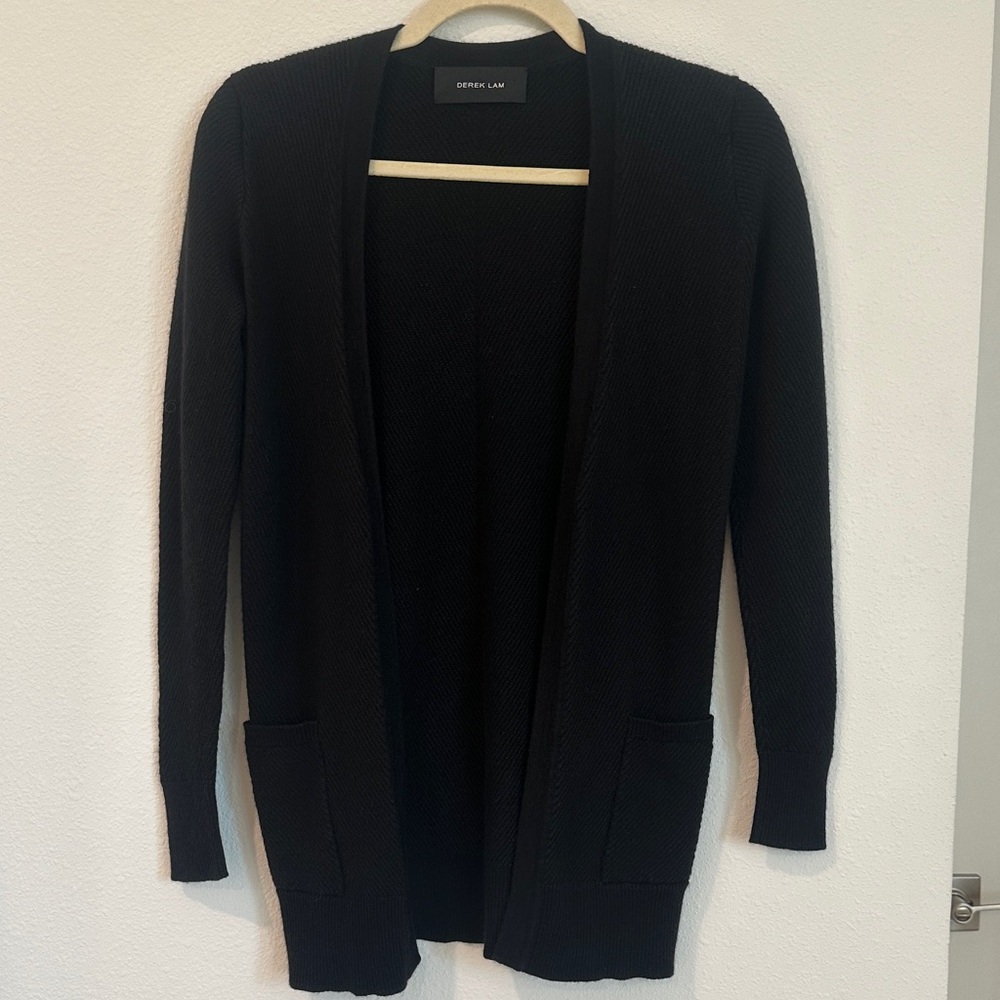 Derek Lam Black Open-Front Ribbed Cardigan with Pockets